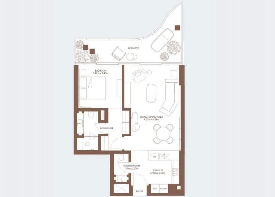Floor plan for 1 BR