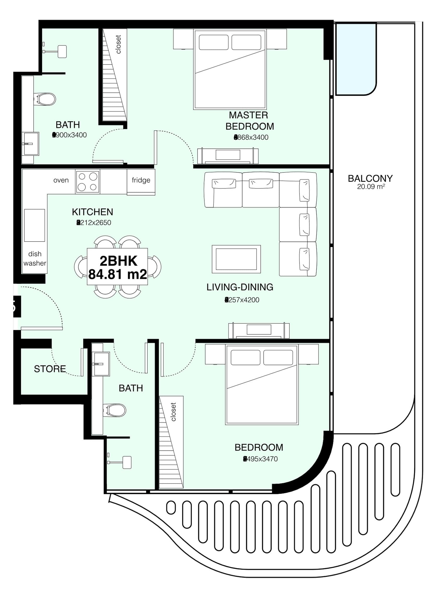 Grundriss für 2 Bedroom