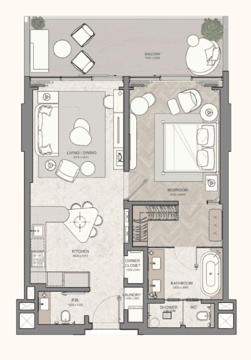 Floor plan for 1 BR