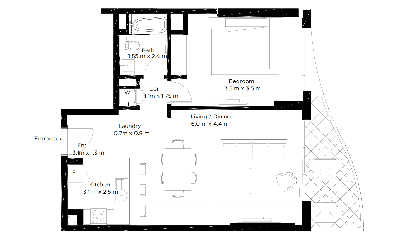 Floor plan for 1 BR 